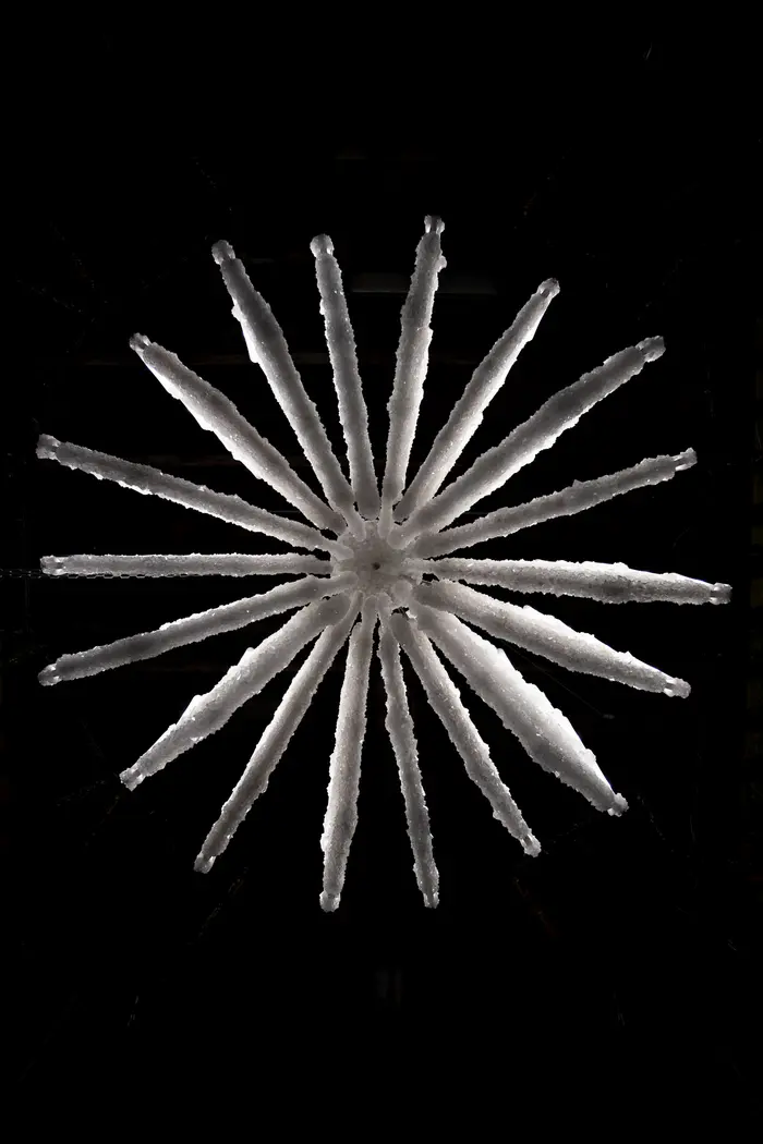 Weißes sternförmiges Kunstwerk vor einem schwarzen Hintergrund