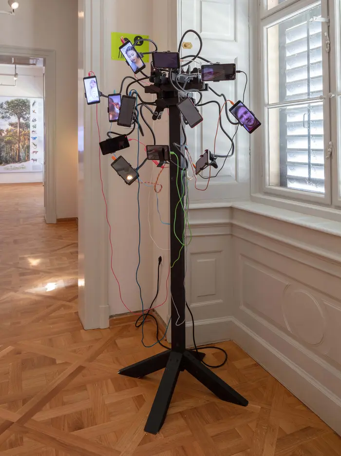 Kunstwerk zusammengesetzt aus mehreren Kabeln und Handys 